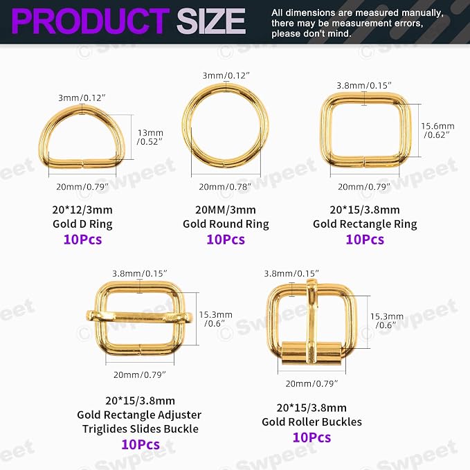 Swpeet 5 Style Metal Buckles - Adjustable Slide, D Ring, Circular Ring