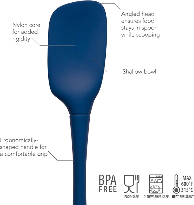 Tovolo Spoon Spatula Spoonula All Silicone Ergonomic Handle Grip Deep Indigo, Silicone Scoopula Kitchen Utensil Non Scratch Easy Clean Dishwasher Safe Heat Resistant Flex Core Scoop Spatula