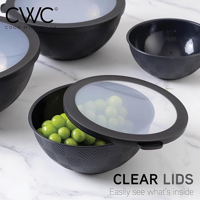 COOK WITH COLOR Mixing Bowls with Lids - 12 Piece Plastic Nesting Bowls Set includes 6 Prep Bowls and 6 Lids, Microwave Safe Mixing Bowl Set, Black Rhombus