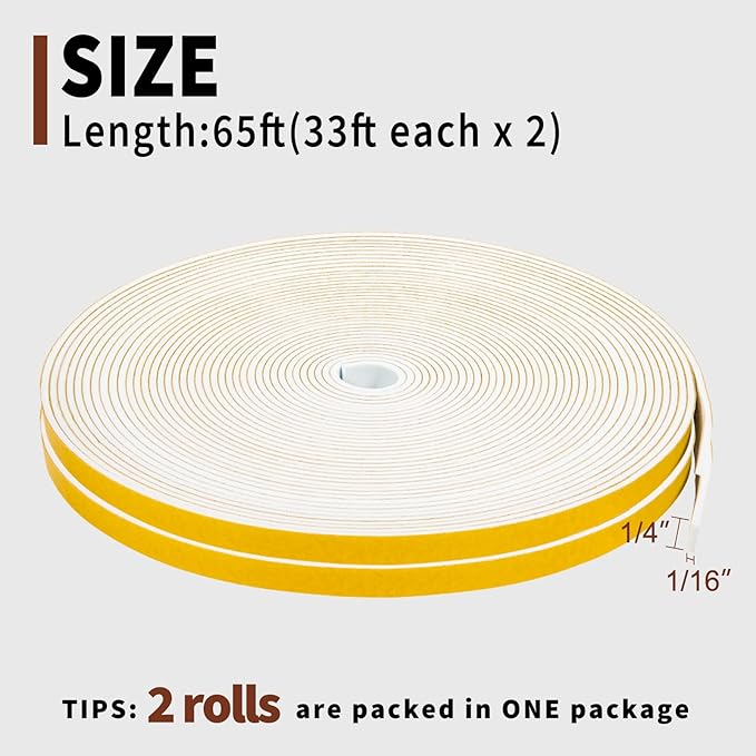 Yotache White Thin Weather Stripping 1/4" x1/16, Foam Gasket Seal Tape for Window, Sliding Door Jamb, Speaker, Dashboard, Total 65 Feet Long (2 X 33 Ft Each)