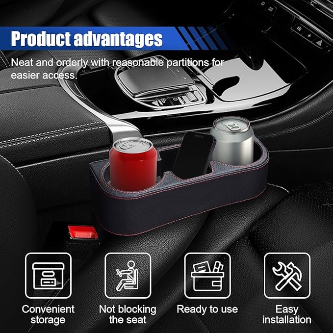 KITUREK Car Cup Holder, PU Leather Cover Auto Front Seat Organizer, Black | Multifunctional Cup Drink Holder, Gap Filler Coin Bucket Storage Box, Console Side Pocket, Cell Mobile Phone Holder