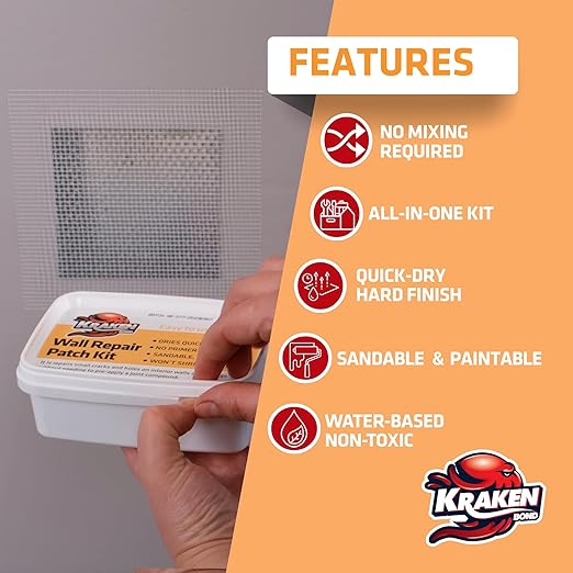 Kraken Bond Drywall Patch Repair Kit - (12x8 fl.oz.) Easy to Use Wall Patch Repair Kit for Drywall Hole & Cracks, Includes Aluminum Self-Adhesive Patch, Grit Sandpaper, Plastic Putty Knife, 12 Pack