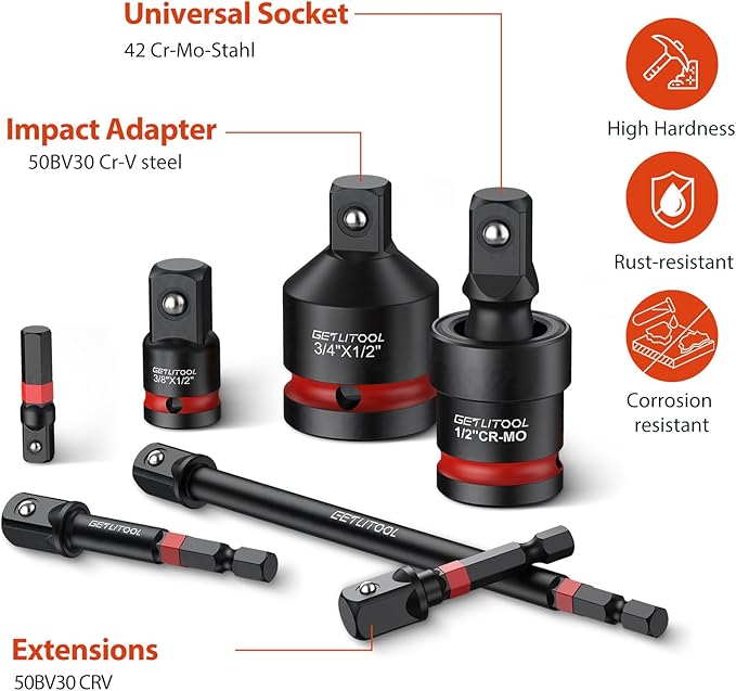 GETLITOOL 20Pcs Socket Adapter Set, Universal Joint Socket Set with Drive Adapters & Extension Bars, 42CRMO Steel, Rust-Resistant, EVA Foam Organizer for DIY, Automotive, and Repairs