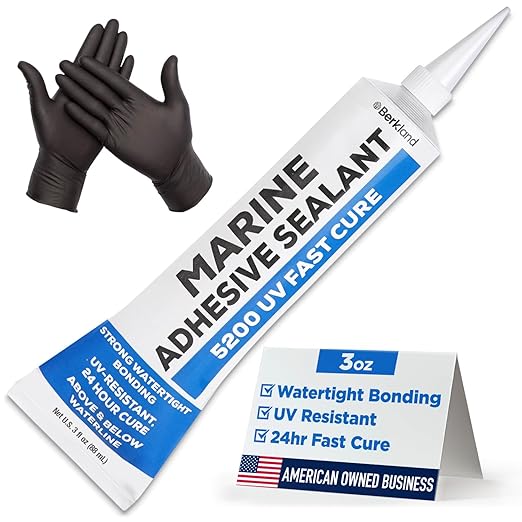 [3 oz] Marine Adhesive Sealant 5200 Fast Cure, White — Permanent Watertight Bond Above & Below Waterline, UV Resistant Marine Caulk for Boats, Hulls, Decks & Fittings by Berkland, American Owned