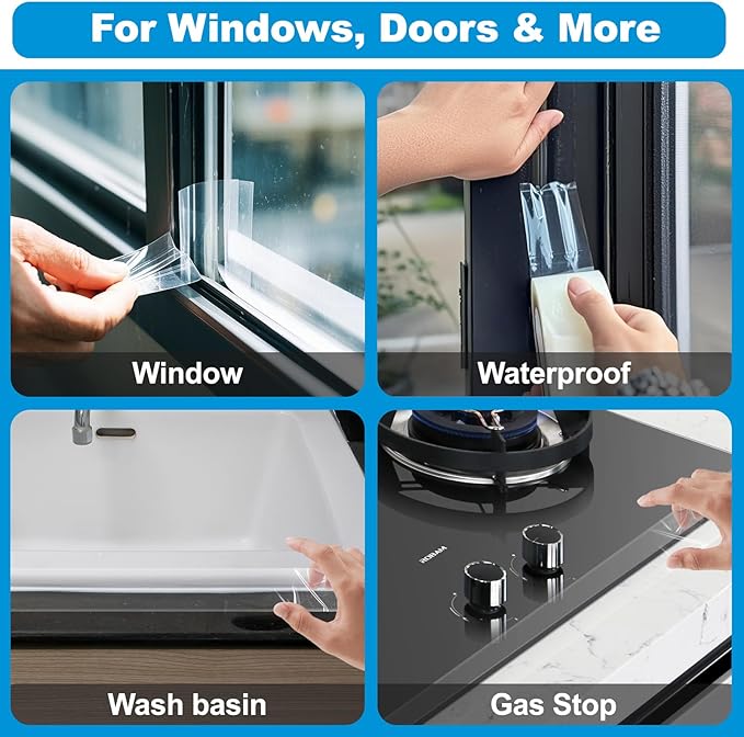 ETERART Transparent Weatherproof Seal Tape 2" x30Yds - Heavy Duty Waterproof Adhesive for Winter Drafts & Rain Leaks, No-Residue Weather Stripping for RVs, Windows, Doors & Renters