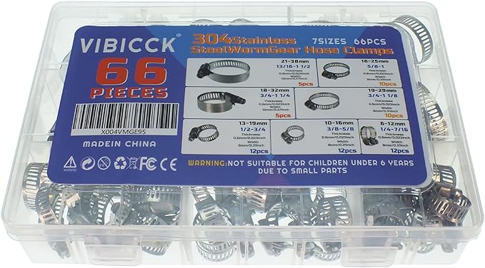 66PCS Hose Clamp Set 6-38mm/ 1/4''–1-1/2'' 304 Stainless Steel Worm Gear Hose Clamps for Pipe, Intercooler, Plumbing, and Fuel Line (66 Pcs Kit)