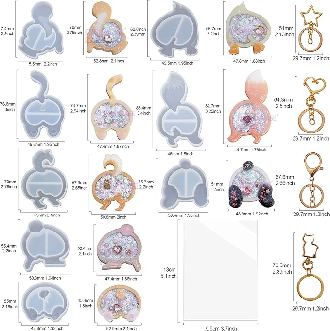 FUNSHOWCASE Animal Butt Resin Shaker Molds Set Keychain Charms Pendant Jewelry Making Supplies 25-Count, Silicone Trays, Seal Films, Key Chains