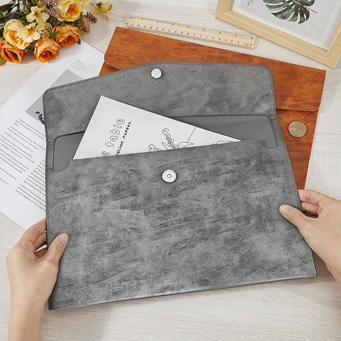 A4 PU Leather File Holder Document Folder Portfolio Filing Envelope Oragnizer Thin Waterproof Pocket Letter Receipt Storage Case with Snap Closure for Contract Stationery Tablet(Blue)