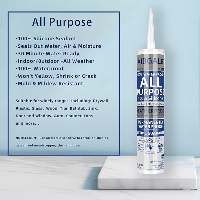 Caulking Tool Kit, Caulking Gun, 2 White/Clear Silicone Sealant with Gun - All-Purpose 100% Silicone Caulk (20 oz Tube), and 5 in 1 Scraper/Smoothing Tool, Sandpaper, Gloves and Masking Tape