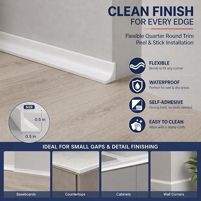 1/2 inch Flexible Quarter Round Molding Trim, Peel and Stick Silicone Baseboard Trim, Self Adhesive Wall Corner Trim, Waterproof Edge Trim for Floor, Cabinet, Bathroom, Kitchen (White)