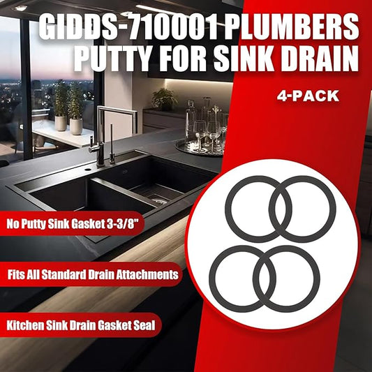 4-Pack GIDDS-710001 No Putty Sink Gasket 3-3/8", Fits All Standard Drain Attachments, Self-Adhesive Kitchen Sink Drain Gasket Seal, Replaces Plumbers Putty for Sink Drain