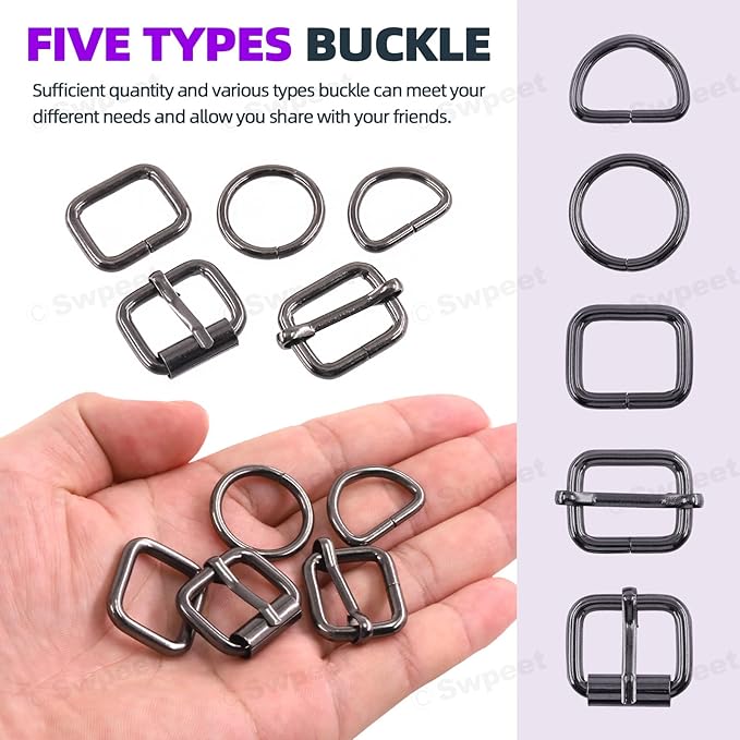 Swpeet 5 Style Metal Buckles - Adjustable Slide, D Ring, Circular Ring