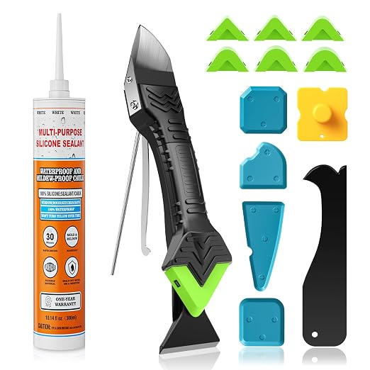 10oz Waterproof Silicone Caulk Set-White Silicone Sealant & 5 in 1 Caulk Tool, Caulk Remover Tool & Caulk Finishing Tool, Silicone Caulking Tool Kit for Kitchen, Bathroom, Sink, Toilet
