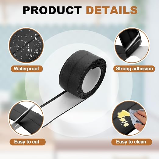 uxcell Caulk Tape Waterproof, 0.83 Inch x 3.28 ft Self-Adhesive Sealant Sealing Strip Caulking Sealant Tape PVC with Tool for Kitchen Sink Toilet Bathroom Bathtub Floor, Black