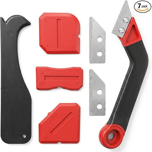 Skrfren Caulking Tool Kit, 4 Pcs Caulk Remover Tools, 1 Pcs Grout Removal Tool, 2 Replacement Blades for Floor Gaps, Bathroom, Kitchen, Tile Gaps