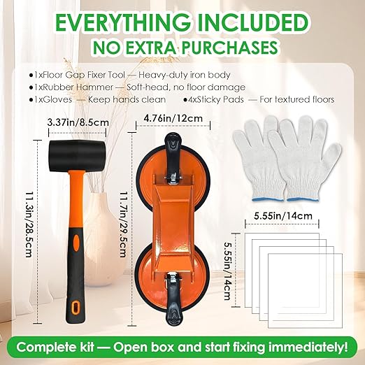 Floor Gap Fixer Tool for Laminate Floor Gap Repair, Heavy Duty Dual Suction Cups with 45° Striking Surface, Includes Rubber Mallet, Sticky Pads & Gloves for Vinyl Plank, LVP & Hardwood