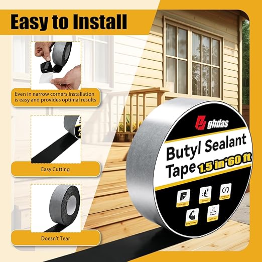 Bghdas - 1 Pack Butyl Sealant Tape 1 1/2" X 60' - Double Sided - Black Vapor Barrier Butyl Tape for Wall of Crawl Space, Rv Windows, Deck Boat, Crawlspace (Waterproof, Weatherproof)
