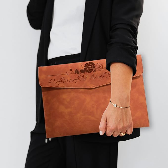 Customized A4 File Folder Expandable File Organizer,Personalized Name PU Leather Envelope Holder for Work、School、Home、Office (Brown)