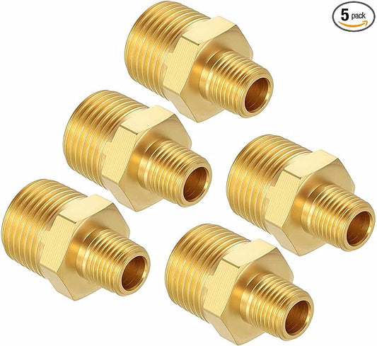 Pack of 5, 3/8" Male NPT to 1/8" Male NPT Solid Brass Hex Nipple Hose Connectors, Male Pipe Adapter for Pipe Leak Repair, Bathroom Remodeling, Tool Extensions, Compression