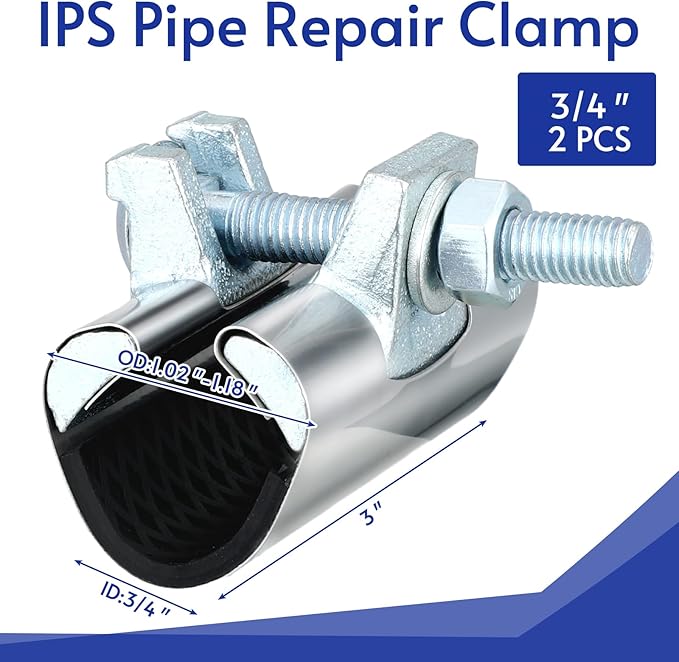 Tandefio 2 Pcs IPS Pipe Repair Clamp 304 Stainless Steel Pipe Clamp Patching and Repairing Leaky 3 Inch Length Suitable for Coppe Galvanized Steel(3/4 Inch)
