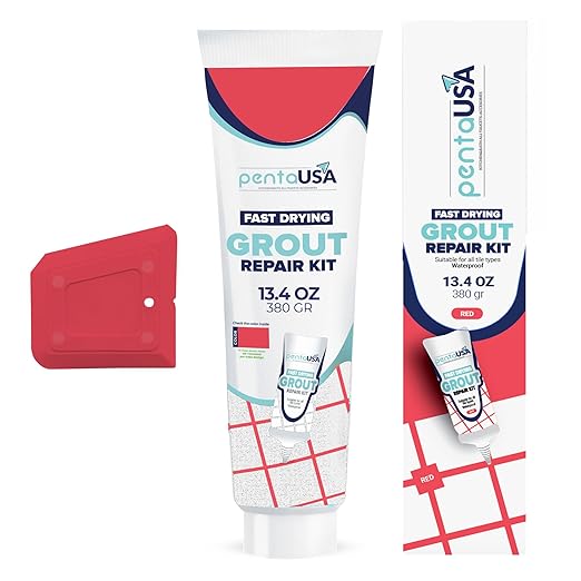 PentaUSA Tile Grout Repair Kit - Red Premixed Acrylic Sanded Grout, Water-Resistant Grout Filler for Bathroom&Shower, Kitchen Floor, Fast Drying, with Applicator, 13.4 oz (380g)
