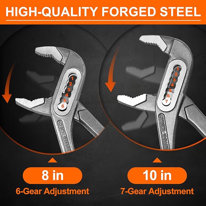 2-Piece Water Pump Pliers Set, 8" & 10" Quick-Adjust Groove Joint Pliers, Forged Carbon Steel with Bi-Material Grip for Plumbing, Auto, DIY & Home Repair