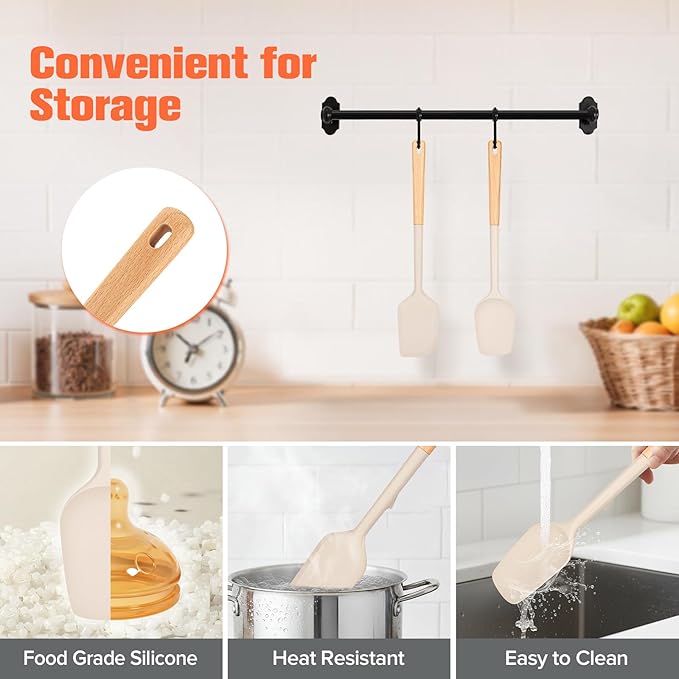 Large Silicone Rubber Spatula Scrapers 14" with Long Wood Handle,Heat Resistant,Durable, Essential Baking Tools for Mixing, Folding, Scraping,Spreading for Nonstick Cookwares,Pack of 2 (Khaki)