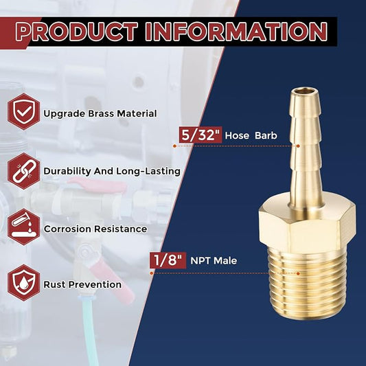 Pack of 6 Brass Hose Barb Fittings Adapter Connector 5/32" Hose Barb to 1/8" NPT Male Fittings for Home Machines, Massage Bathtubs, and Irrigation Systems