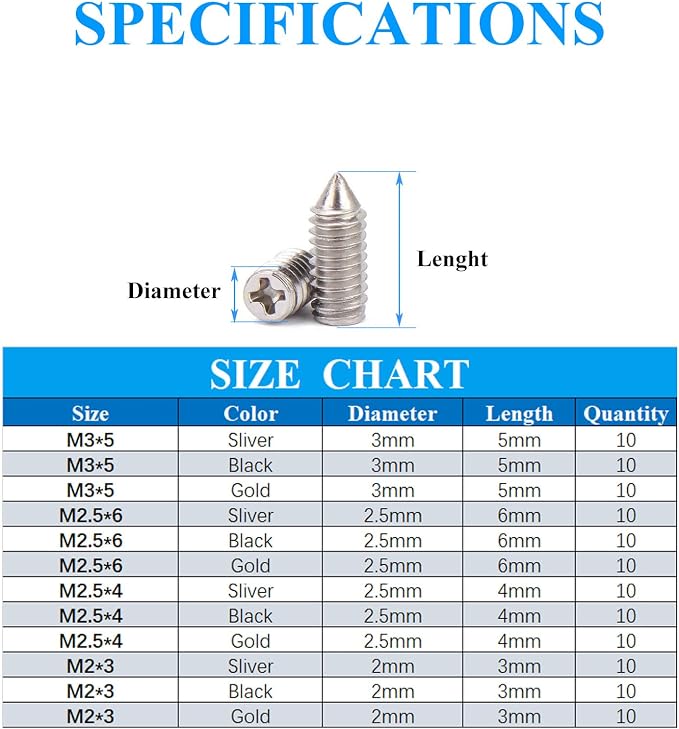 120 Pcs Nickel Plated Tip Screws Pointed Cross Slot Leather Accessories 3 Colors 4 Sizes Belt Screws Include M2x3，M2.5x4，M2.5x6，M3x5 with 2mm Screwdriver for Belt Buckle Wallet Handbag Purse