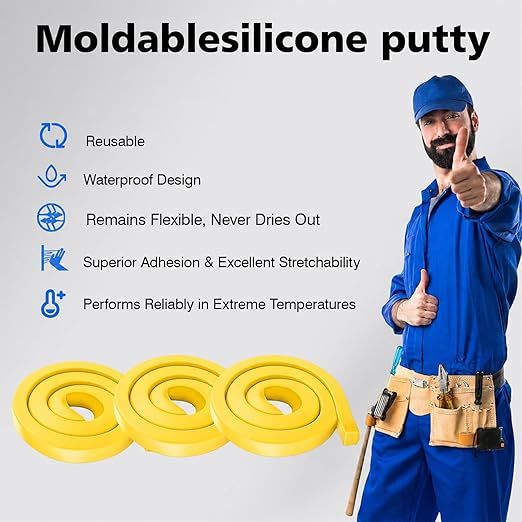3Pack Moldable Silicone Putty, Non Hardening Waterproof Sealant Compound, Reusable & Pliable Seal Putty for Metal, Glass, Wood, Ceramic, Bathroom, Pipes and Wall Gaps Repair (Yellow)