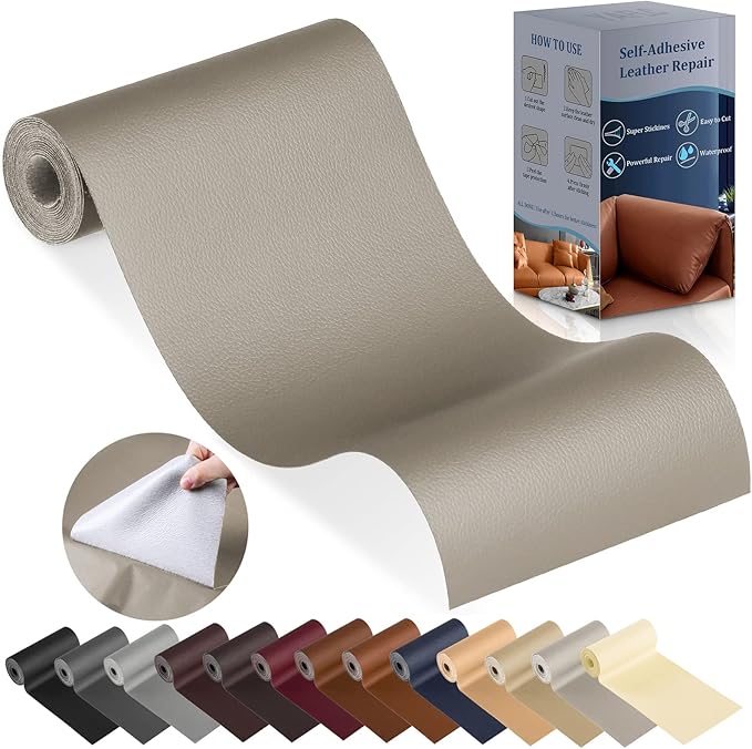 YAFLC Leather Repair Patch for Furniture, 4" x 63" Self Adhesive Leather Repair Kit Vinyl Repair Tape for Car Seat Sofa Jackets Couches Chair Khaki
