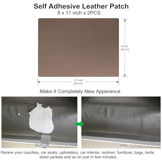 ILOFRI Leather Repair Patch 8x11 inch 2 Pcs, Durable Self Adhesive Vinyl and Leather Repair Kit for Couch, Car Seats, Boat Seat, Furniture, Upholstery, Auto Interior, Sofa, Chair - Light Brown