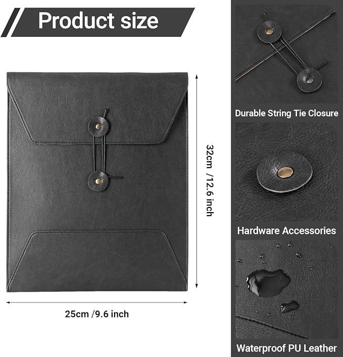 Leather File Folder for Documents,Important Document Folder with String Tie,Laptop Sleeve Notebook Case,Leather File Organizer,A4 Envelopes Filing Folder (Vertical, Black)