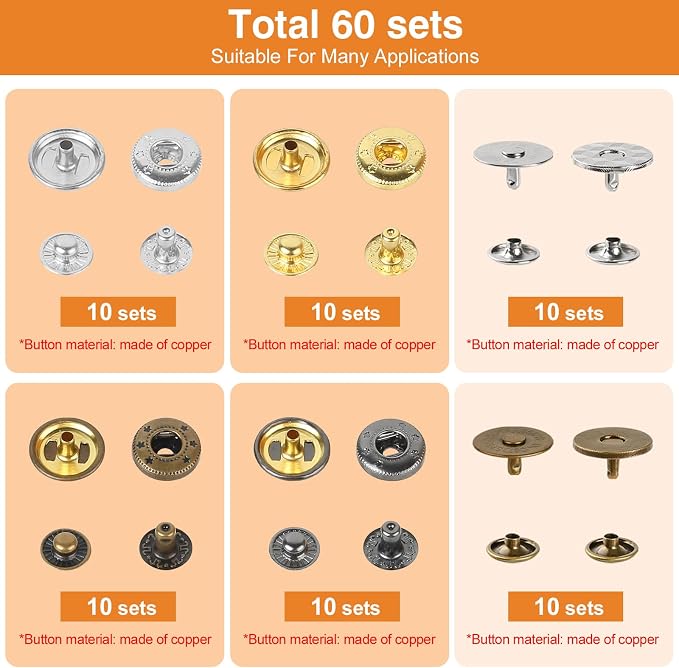 Snap Fastener Tool Kit, 40 Sets15MM Metal Snaps for Leather & 20 Sets 18MM Magnetic Buttons, 4 Color Leather Button Snap, 2 Color Magnetic Snaps Kit for Fabric, Wallet, Canvas(Total 60Sets)