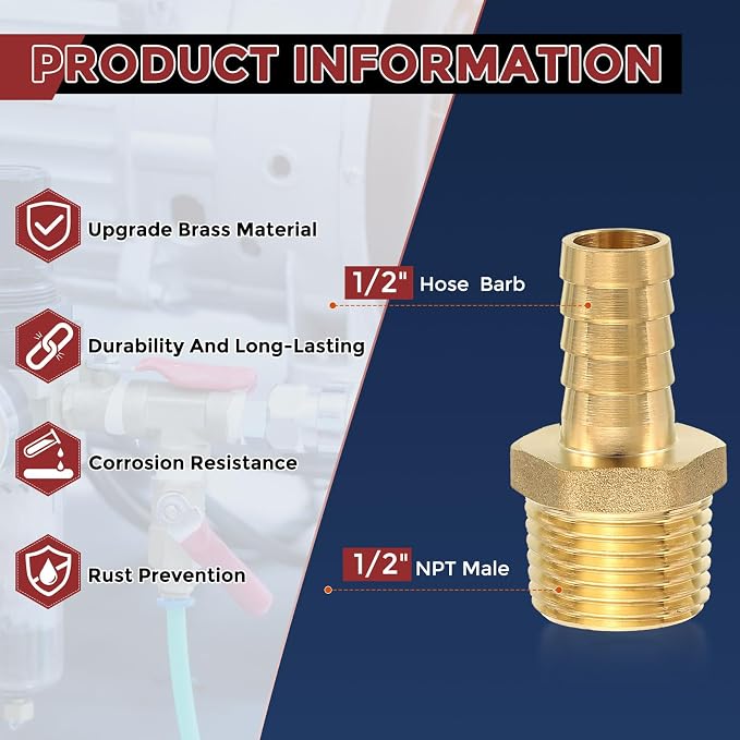 Pack of 1 Brass Hose Barb Fittings 1/2" Hose Barb to 1/2" NPT Male Fittings
