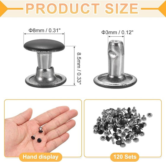 uxcell 120Set Leather Rivets, 8mm Double Cap Rivet Tubular Metal Studs Repairs Decoration Craft Accessories for Repair Decorate Leather Craft Belt Bag Shoes Purse Belts, Matte Black