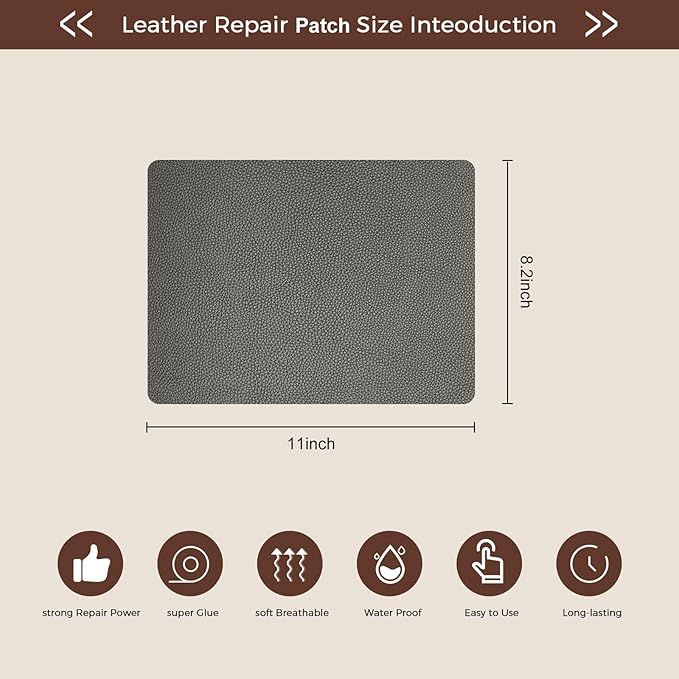 JDLUGH Sofa Leather Repair Patch Tape 8.2x11 Inch2PCS Large Self Adhesive Leather Sofa, Car Seat, Leather Furniture, Vinyl Repair Patch Kit (8.2x11 Inch, Grey3.0)