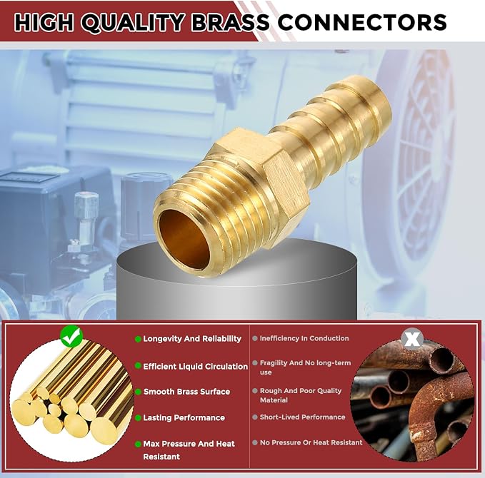 Pack of 8 Brass Hose Barb Fittings 3/8" Hose Barb to 1/4" NPT Male Fittings