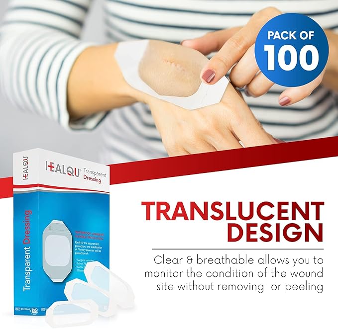 Transparent Film Dressing 2.3" x 2.75" (100 Pack) – Waterproof Adhesive Wound Bandages for Post-Surgical Shower, IV Shield, Tattoo Aftercare, Clear Breathable Dressing Patches by HEALQU
