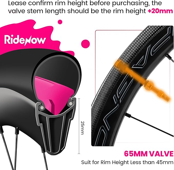 RideNow Tubeless Presta Valve Stems, 65mm Super Light 7075 Aluminum Alloy Presta Tubeless Valve Stem Kit with Valve Core Remover Tool and Valve Stem Caps, Multiple Color and Size Options(Pair), Gold