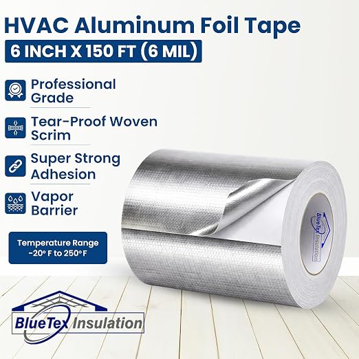 BlueTex Insulationㅤ HVAC Aluminum Foil Tape 6 inch x 150 ft (6 mil), Professional Grade Silver Duct Tape Metallic, Tear-Proof Woven HVAC Tape Heavy Duty for Ductwork, Dryer Vent & Insulation - 4 Rolls
