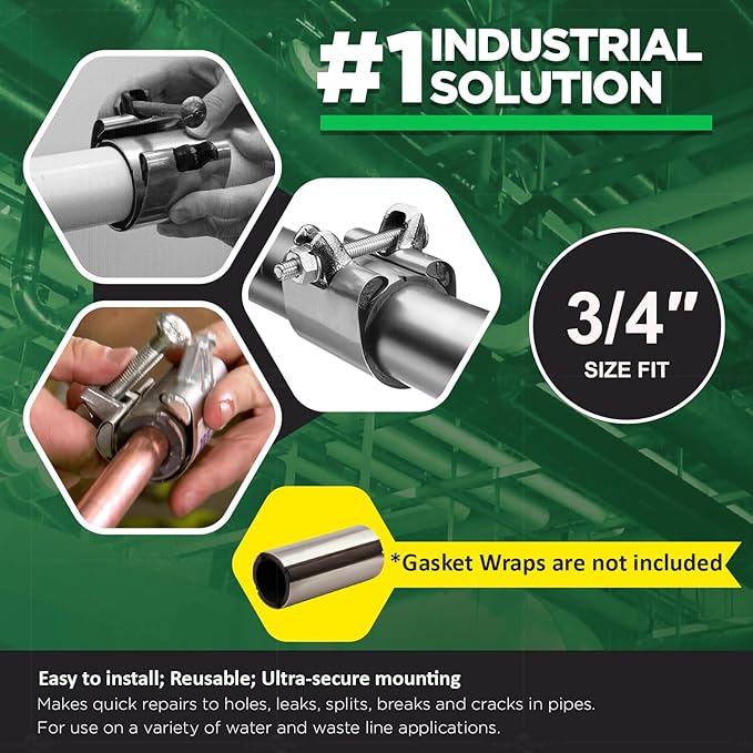 Highcraft Pipe Repair Clamp 3/4'', IPS Single Bolt, 3” Long, Stainless Steel (5 Pack)