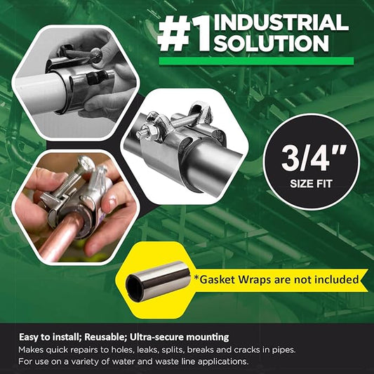 Highcraft Pipe Repair Clamp 3/4'', IPS Single Bolt, 3” Long, Stainless Steel (5 Pack)