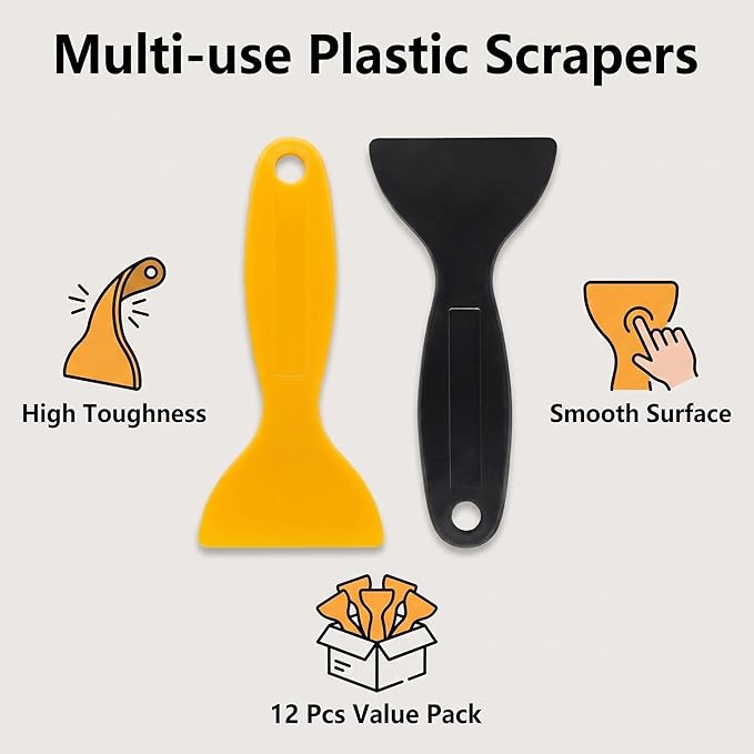 12 Pcs Plastic Spatula Scraper Set for Paint Putty Resin Decal Grout Removal and Sticker Installation
