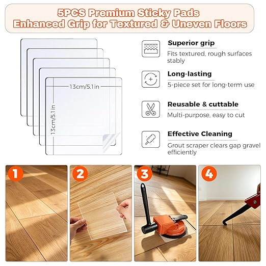 Heavy Duty Floor Gap Fixer Tool, Floor Suction Cup Tool for Gaps with 5 Cuttable Sticky Pads, Grout Scraper & Gloves, Fits ≥4.8" Wide Wood/LVP/Vinyl Flooring(Black)