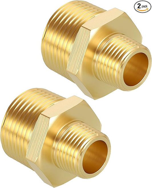 Pack of 2, 3/4" NPT Male to 3/8" NPT Male Solid Brass Hex Nipple Hose Connectors, Male Pipe Adapter for Pipe Leak Repair, Bathroom Remodeling, Tool Extensions, Compression