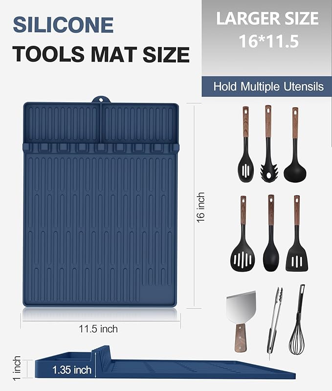 Silicone Grill Mat Compatible with Blackstone, BBQ Griddle Tools Mat with Drip Pad, Large Spatula Holder for Outdoor Kitchen Counter, Gifts for Men (Blue)