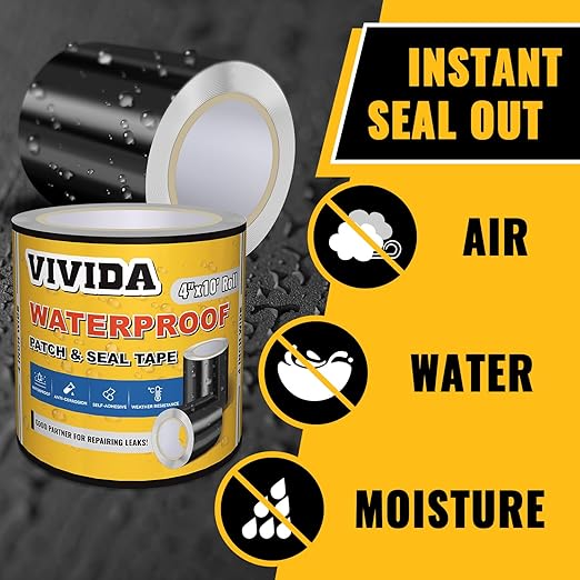 VIVIDA Waterproof Patch and Seal Tape, 4" × 10' Waterproof Tape for Outdoor Use, Underwater Leaks Repair for Pool, Plumbing, Black, 1 Roll