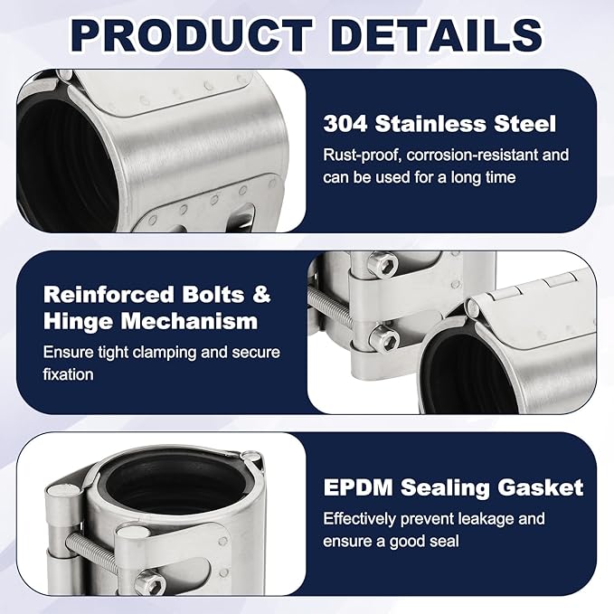HARFINGTON Pipe Repair Clamp 2-1/4" OD 56mm-59mm 304 Stainless Steel Leak Sealer Emergency Pipe Repair for Plastic Metal Tubing Water Gas Oil Lines, Silver