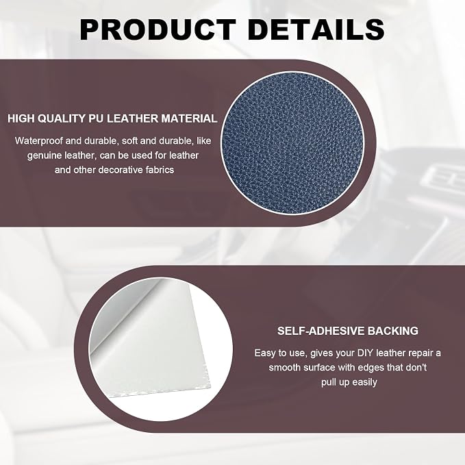 2 PCS Leather Repair Patch Tape, 4 x 8 Inch PU Vinyl Repair Patches for Car Upholstery Seat, Waterproof Self Adhesive Leather Tape Repair Kit for Furniture Couches Chairs (Navy Blue)